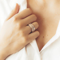 Right hand clasping colour of white shirt mm Tricolour Triple Spinner Ring with Sparkling Texture on ring finger