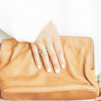 Right hand clasping tan leather clutch wearing Tricolour Triple Spinner Anxiety Ring with Sparkling Texture on ring finger