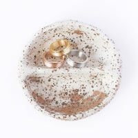 Textured ring bowl holding trio of Textured 7mm Double Spinner Rings silver gold and rose gold
